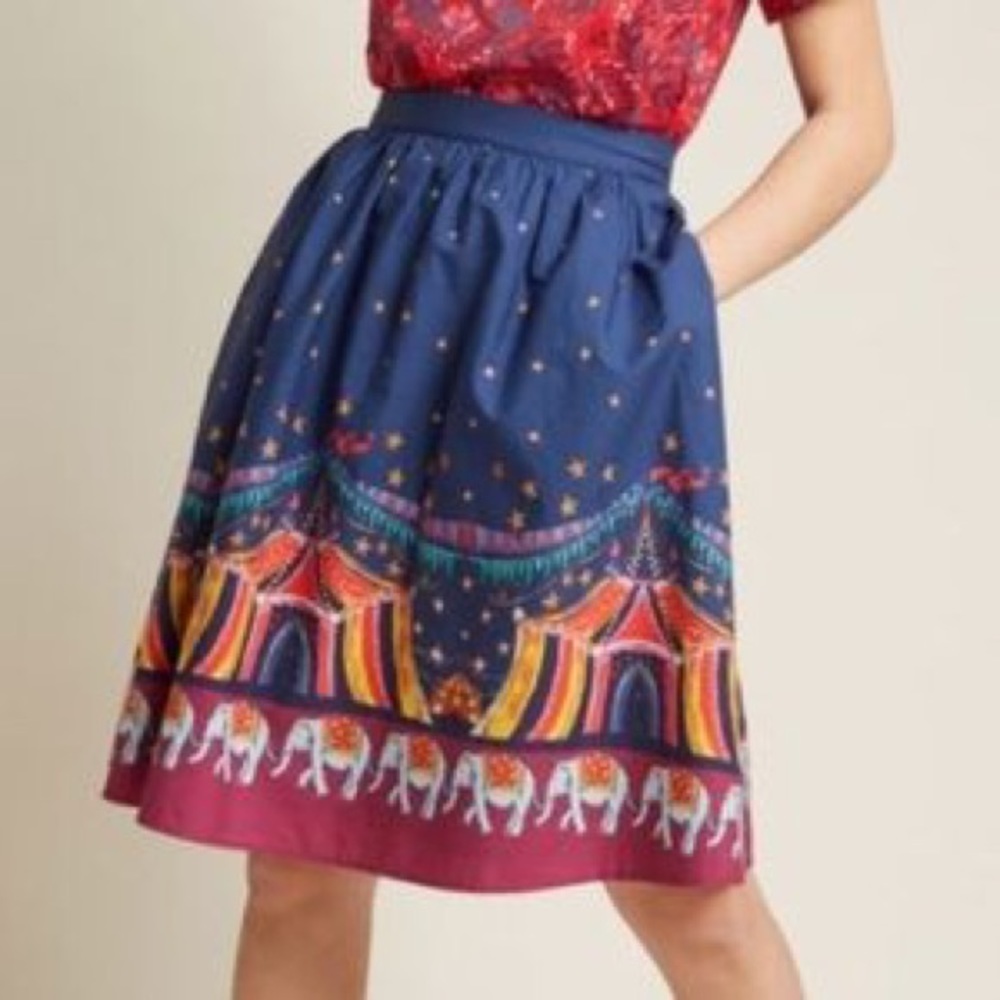 ModCloth Navy Blue Circus Print Skater Skirt with Pink Hem